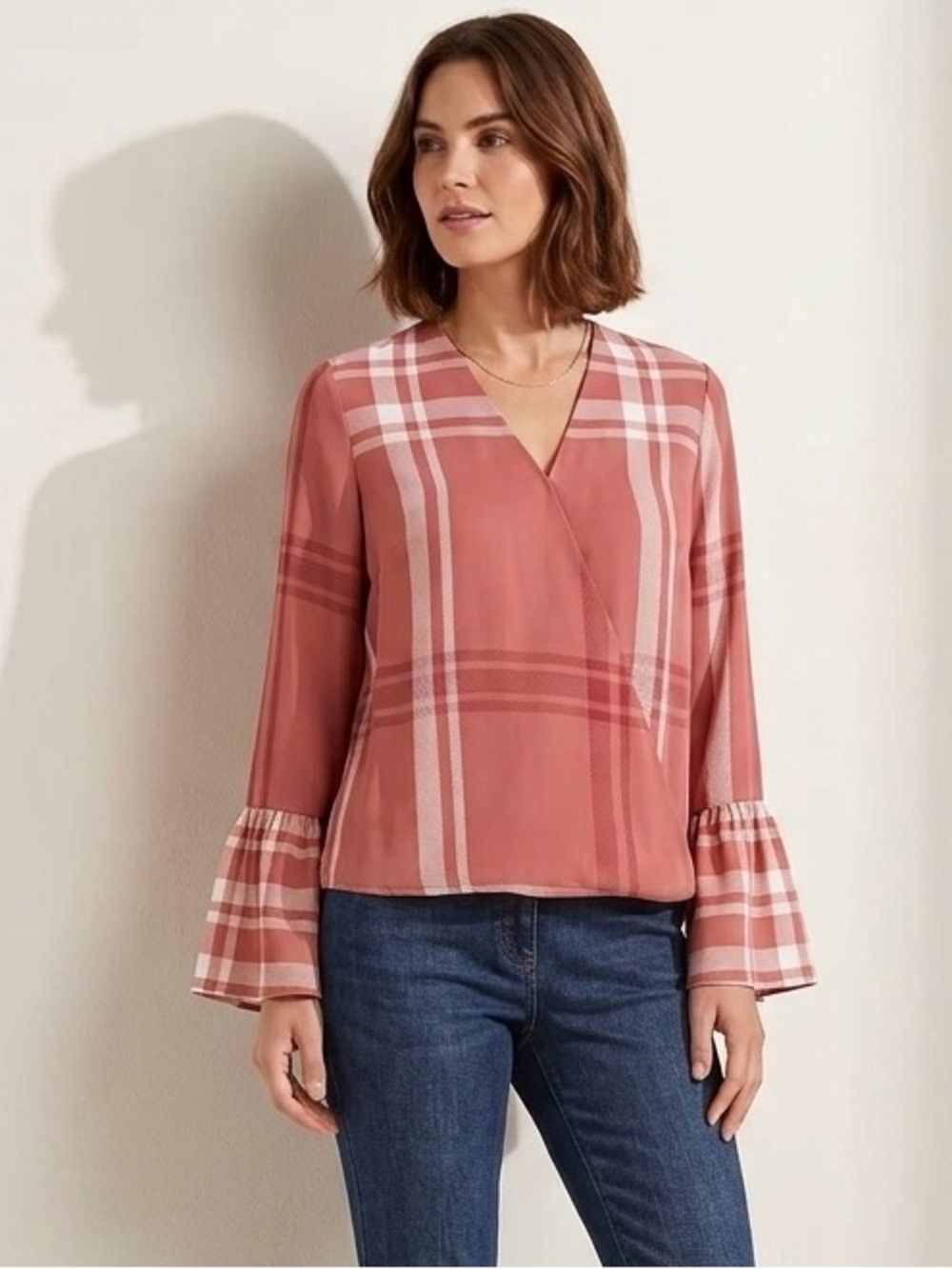 Iman Global Chic wrap blouse with bell sleeves, size XS
